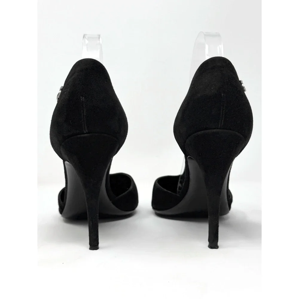 Chanel Black Suede Patent Cap Toe T-Strap Pumps CC Logo Heels 40